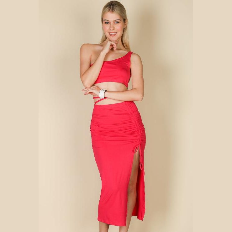Sexy Solid Color One Shoulder Crop Top & Drawstring Ruched Crisscross Tie Back Side Slit Hem Skirt Set