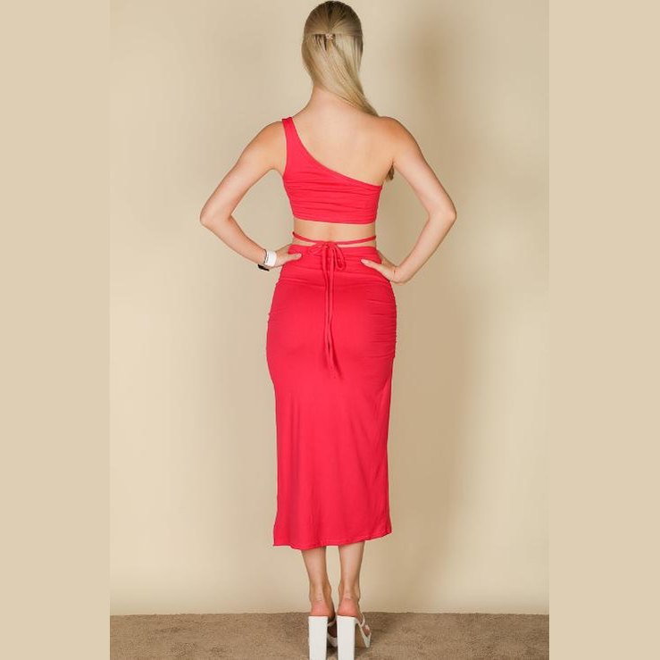 Sexy Solid Color One Shoulder Crop Top & Drawstring Ruched Crisscross Tie Back Side Slit Hem Skirt Set