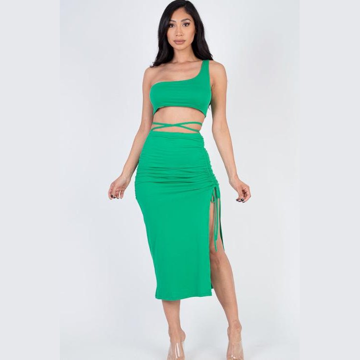 Sexy Solid Color One Shoulder Crop Top & Drawstring Ruched Crisscross Tie Back Side Slit Hem Skirt Set