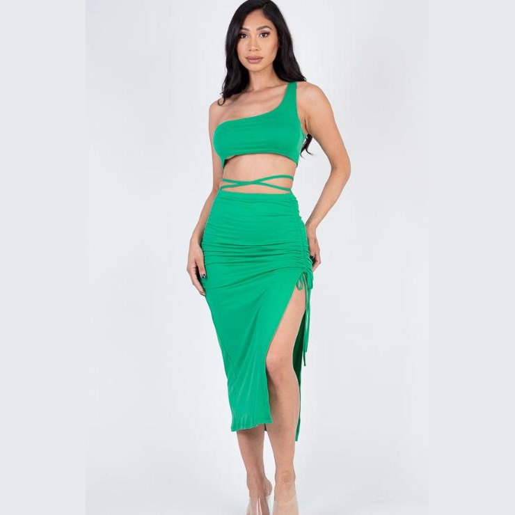 Sexy Solid Color One Shoulder Crop Top & Drawstring Ruched Crisscross Tie Back Side Slit Hem Skirt Set