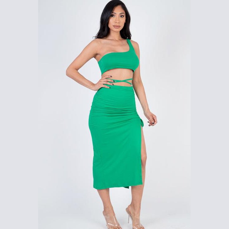 Sexy Solid Color One Shoulder Crop Top & Drawstring Ruched Crisscross Tie Back Side Slit Hem Skirt Set