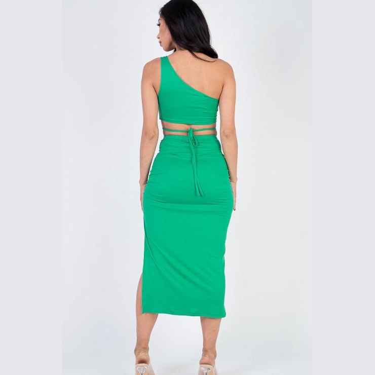 Sexy Solid Color One Shoulder Crop Top & Drawstring Ruched Crisscross Tie Back Side Slit Hem Skirt Set
