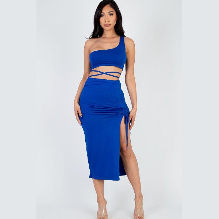 Sexy Solid Color One Shoulder Crop Top & Drawstring Ruched Crisscross Tie Back Side Slit Hem Skirt Set