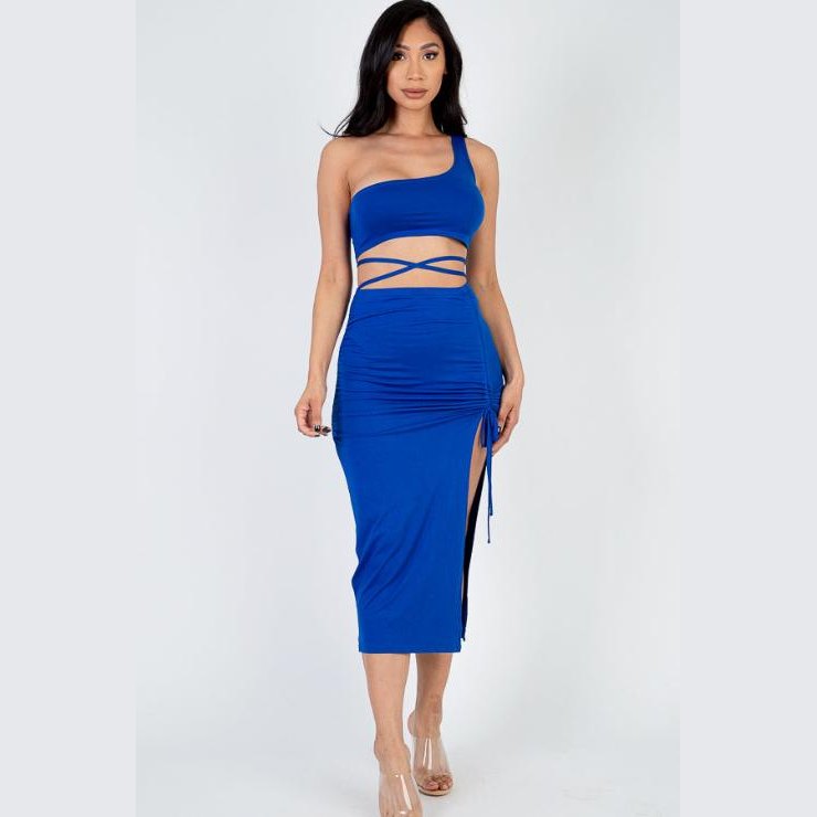 Sexy Solid Color One Shoulder Crop Top & Drawstring Ruched Crisscross Tie Back Side Slit Hem Skirt Set