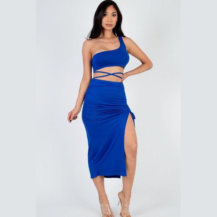 Sexy Solid Color One Shoulder Crop Top & Drawstring Ruched Crisscross Tie Back Side Slit Hem Skirt Set