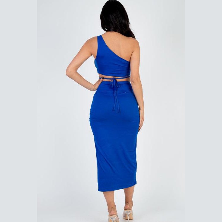 Sexy Solid Color One Shoulder Crop Top & Drawstring Ruched Crisscross Tie Back Side Slit Hem Skirt Set