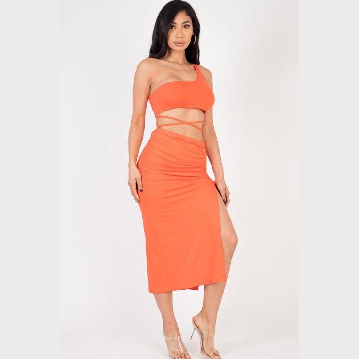Sexy Solid Color One Shoulder Crop Top & Drawstring Ruched Crisscross Tie Back Side Slit Hem Skirt Set