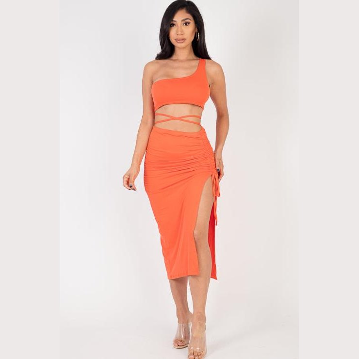 Sexy Solid Color One Shoulder Crop Top & Drawstring Ruched Crisscross Tie Back Side Slit Hem Skirt Set