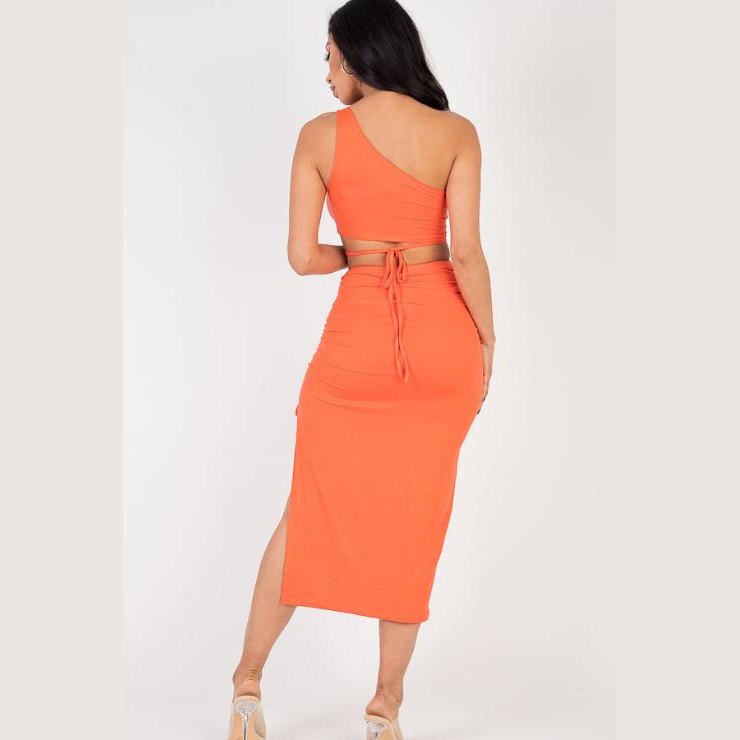 Sexy Solid Color One Shoulder Crop Top & Drawstring Ruched Crisscross Tie Back Side Slit Hem Skirt Set