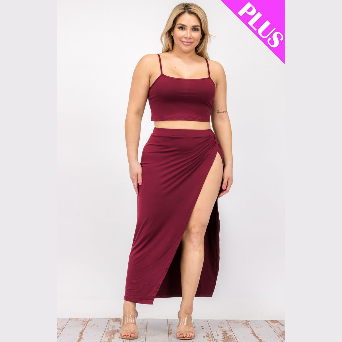 Plus Size Crop Cami & Split Thigh Maxi Skirt Set