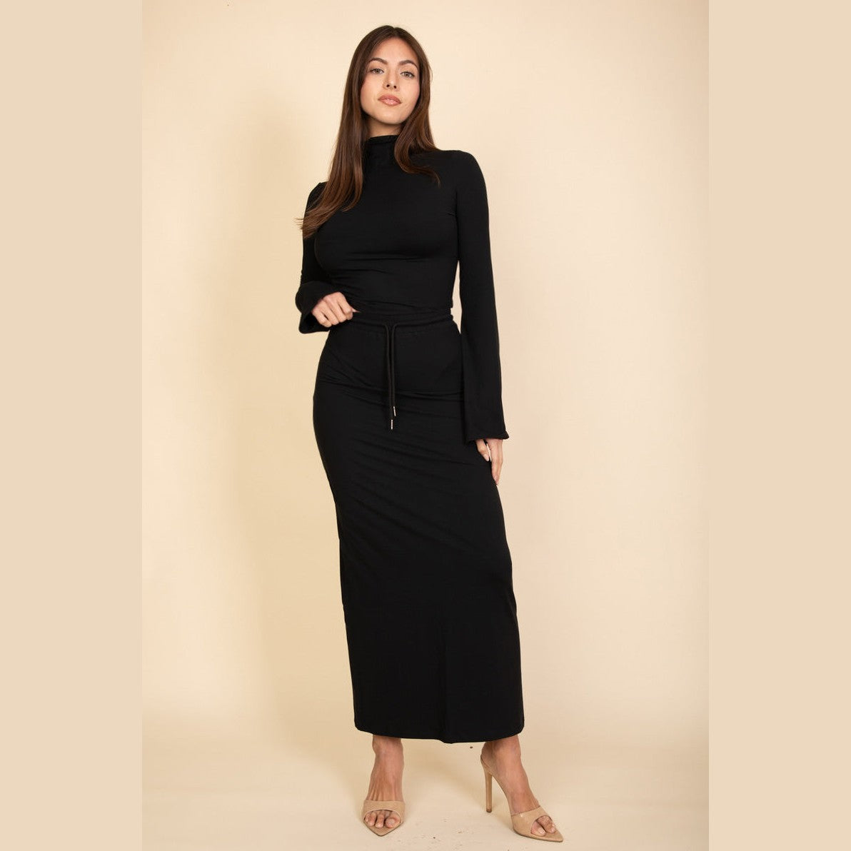 Mock Neck Bell Sleeve Crop Top & Maxi Skirt Set