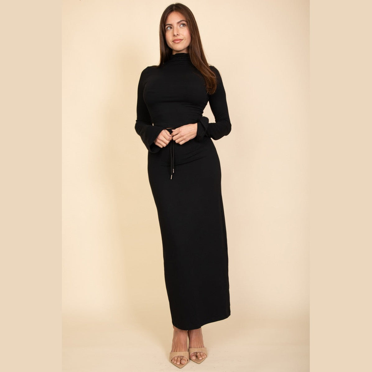Mock Neck Bell Sleeve Crop Top & Maxi Skirt Set