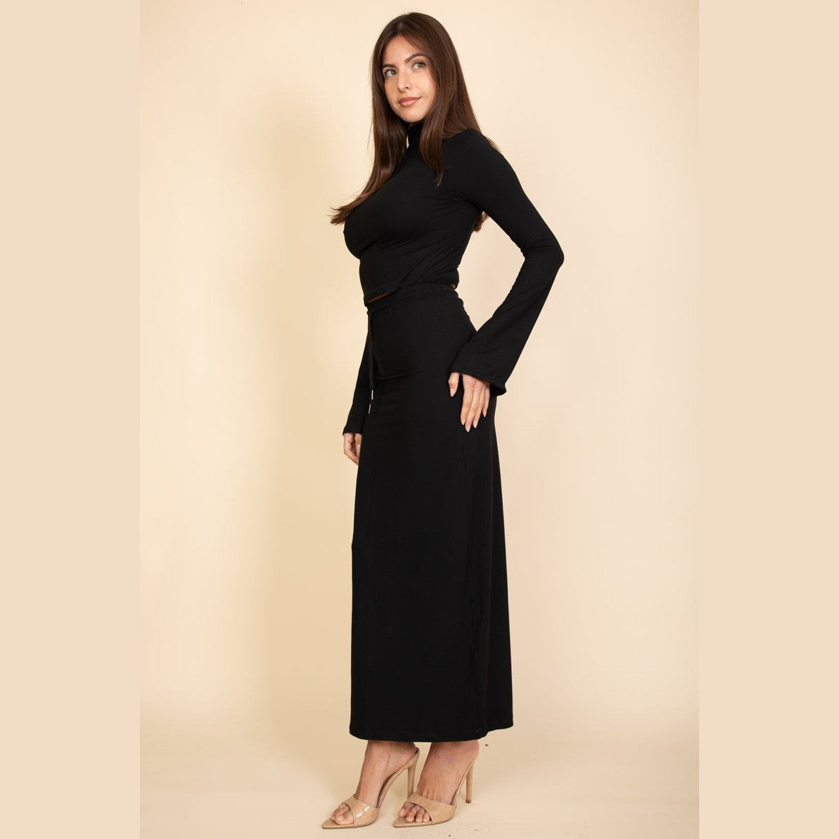 Mock Neck Bell Sleeve Crop Top & Maxi Skirt Set