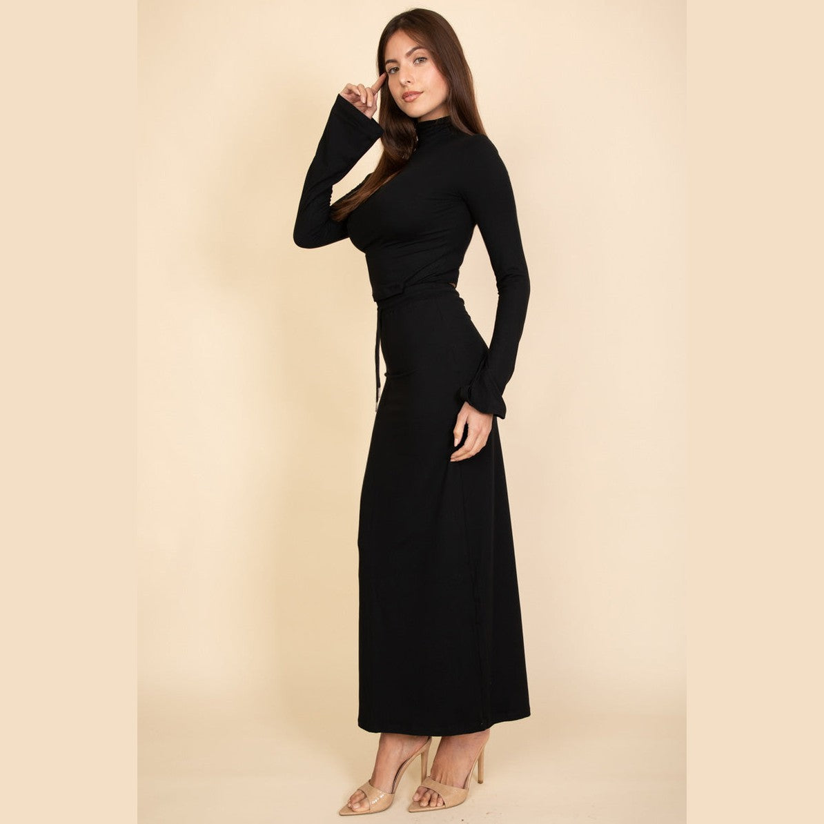 Mock Neck Bell Sleeve Crop Top & Maxi Skirt Set
