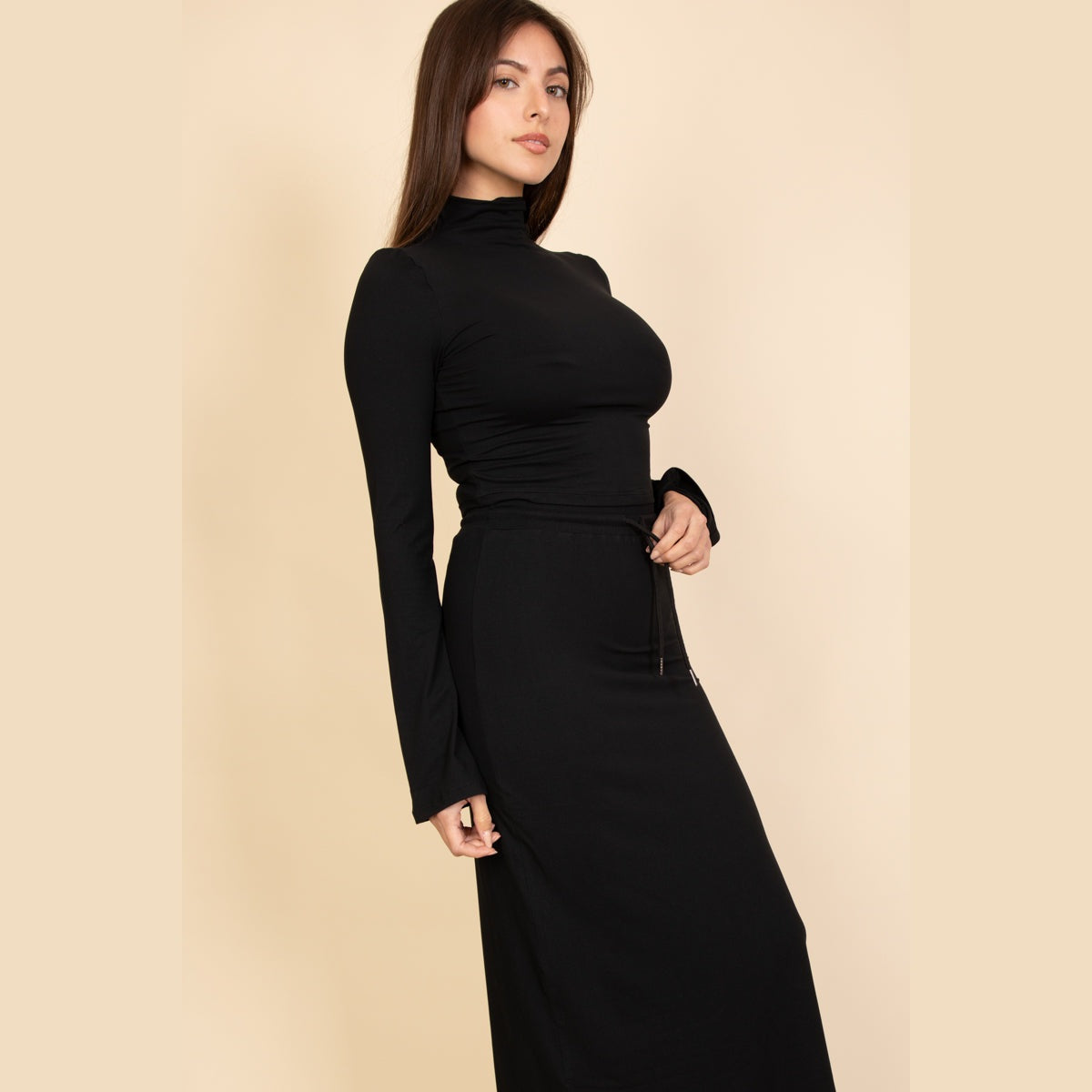 Mock Neck Bell Sleeve Crop Top & Maxi Skirt Set