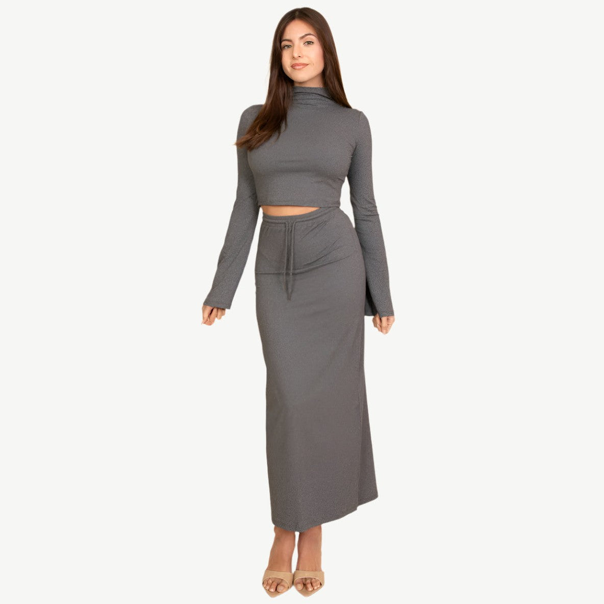 Mock Neck Bell Sleeve Crop Top & Maxi Skirt Set