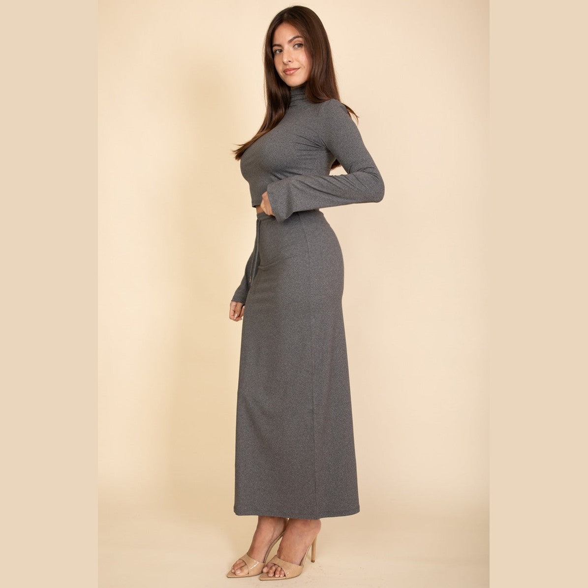 Mock Neck Bell Sleeve Crop Top & Maxi Skirt Set