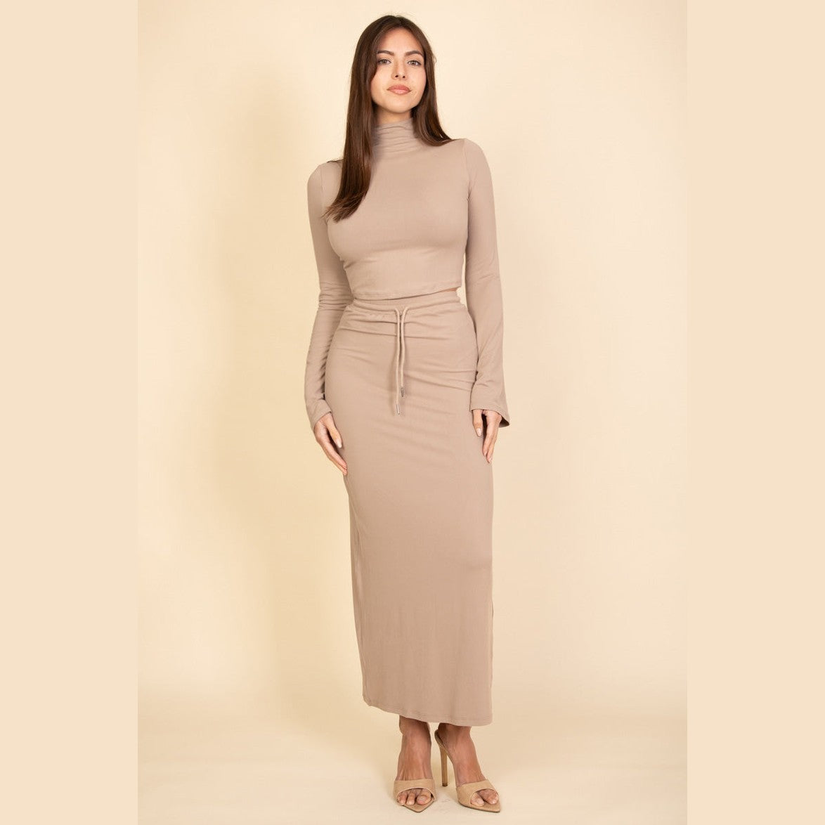 Mock Neck Bell Sleeve Crop Top & Maxi Skirt Set