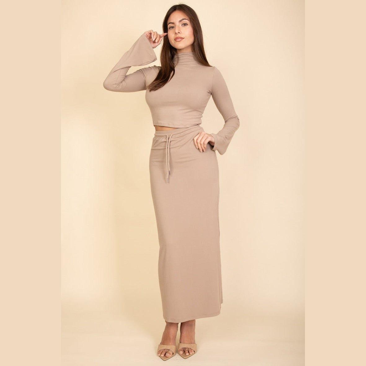 Mock Neck Bell Sleeve Crop Top & Maxi Skirt Set