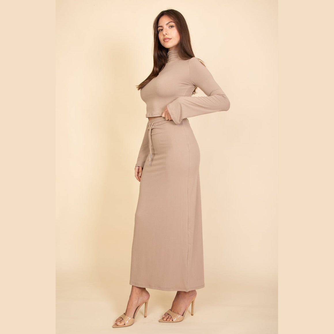 Mock Neck Bell Sleeve Crop Top & Maxi Skirt Set