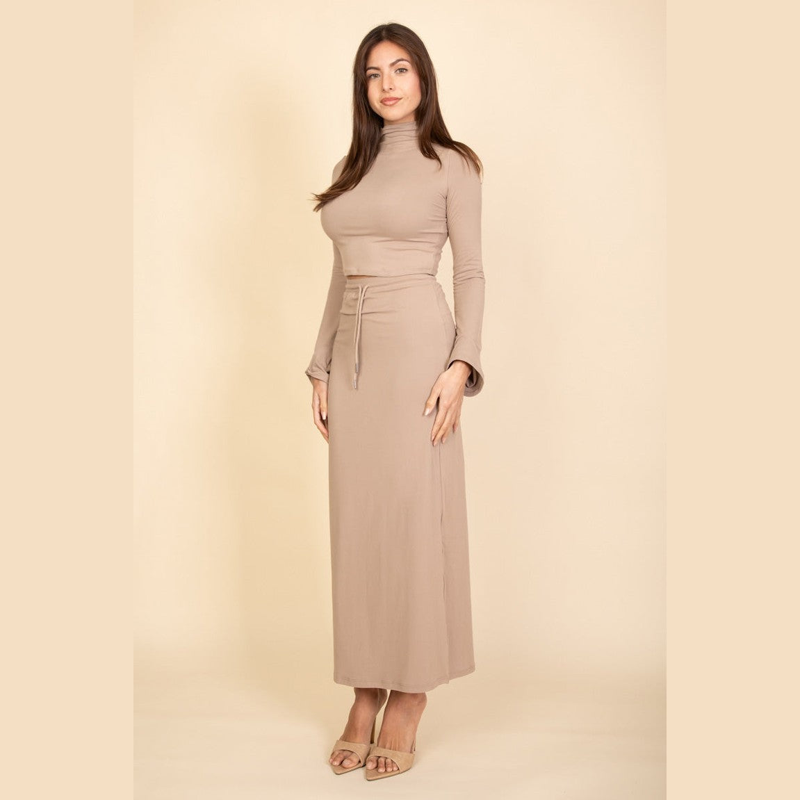 Mock Neck Bell Sleeve Crop Top & Maxi Skirt Set