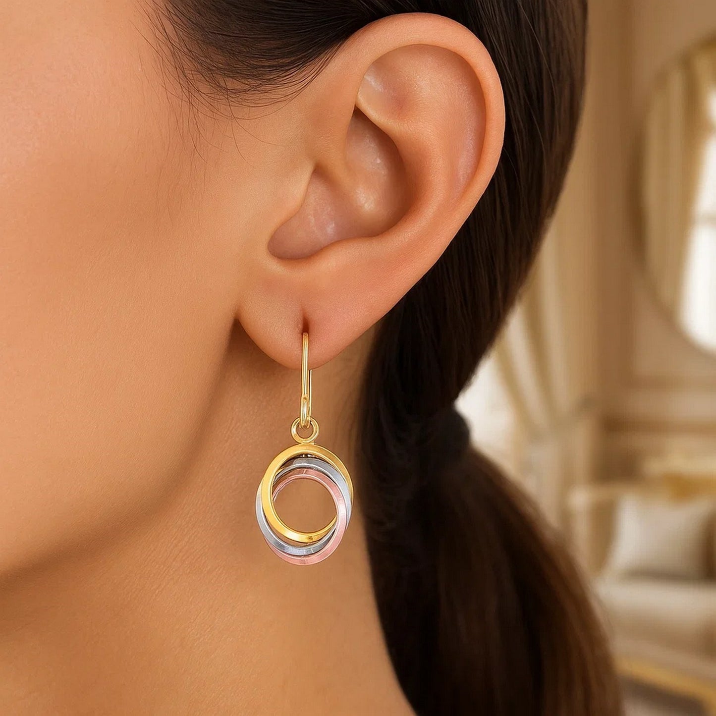 14k Tri-Color Gold Open Entwined Ring Earrings