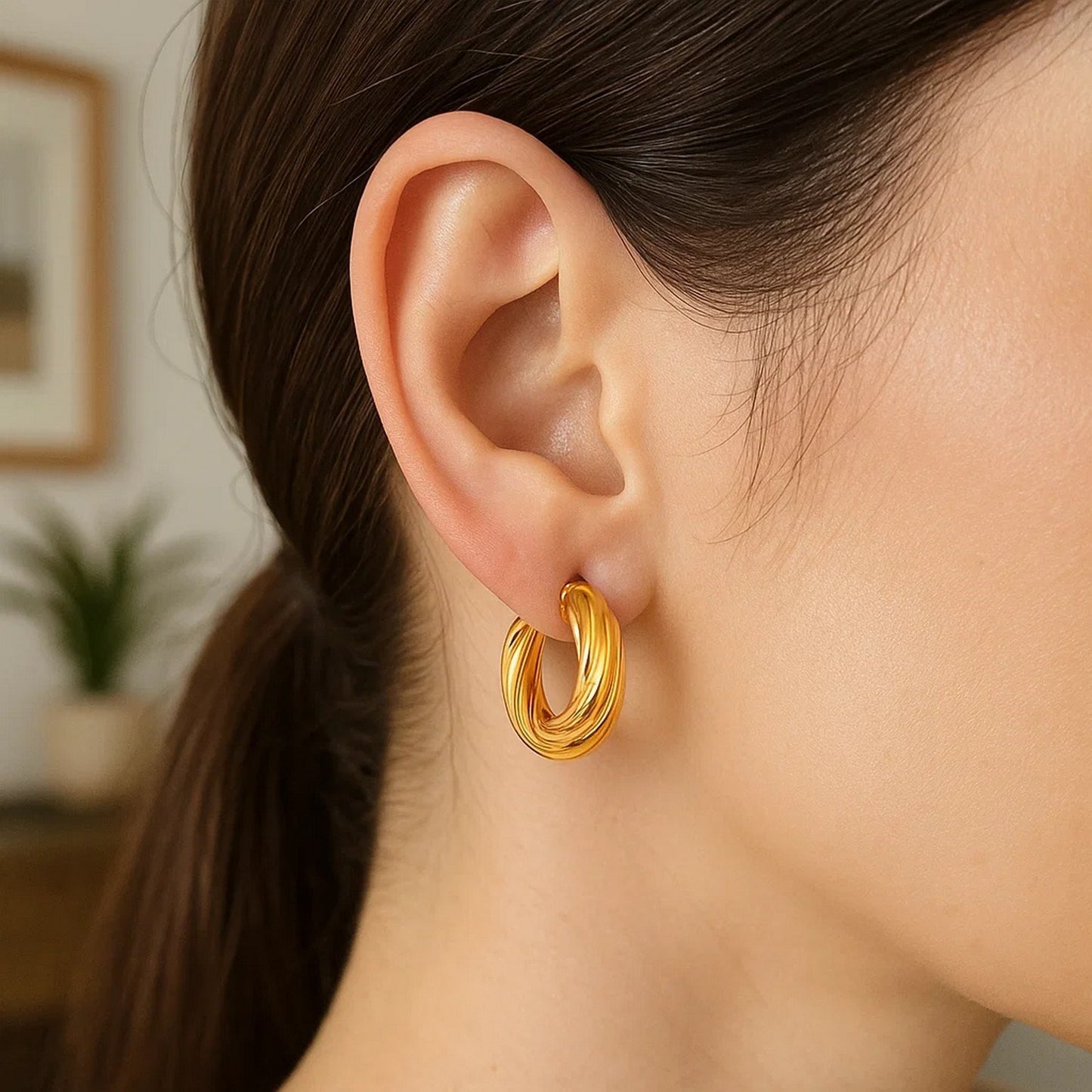 14k Yellow Gold Fancy Twist Hoop Earrings