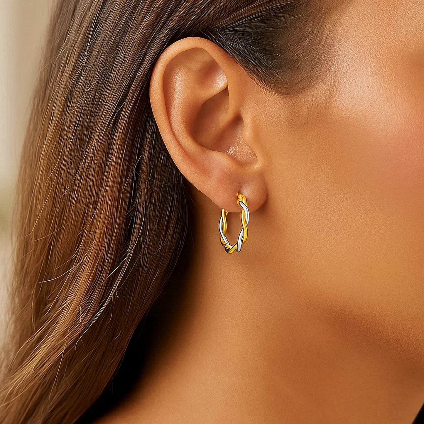 Two-Tone Twisted Wire Round Hoop Earrings in 10k Yellow and White Gold(3x15mm)