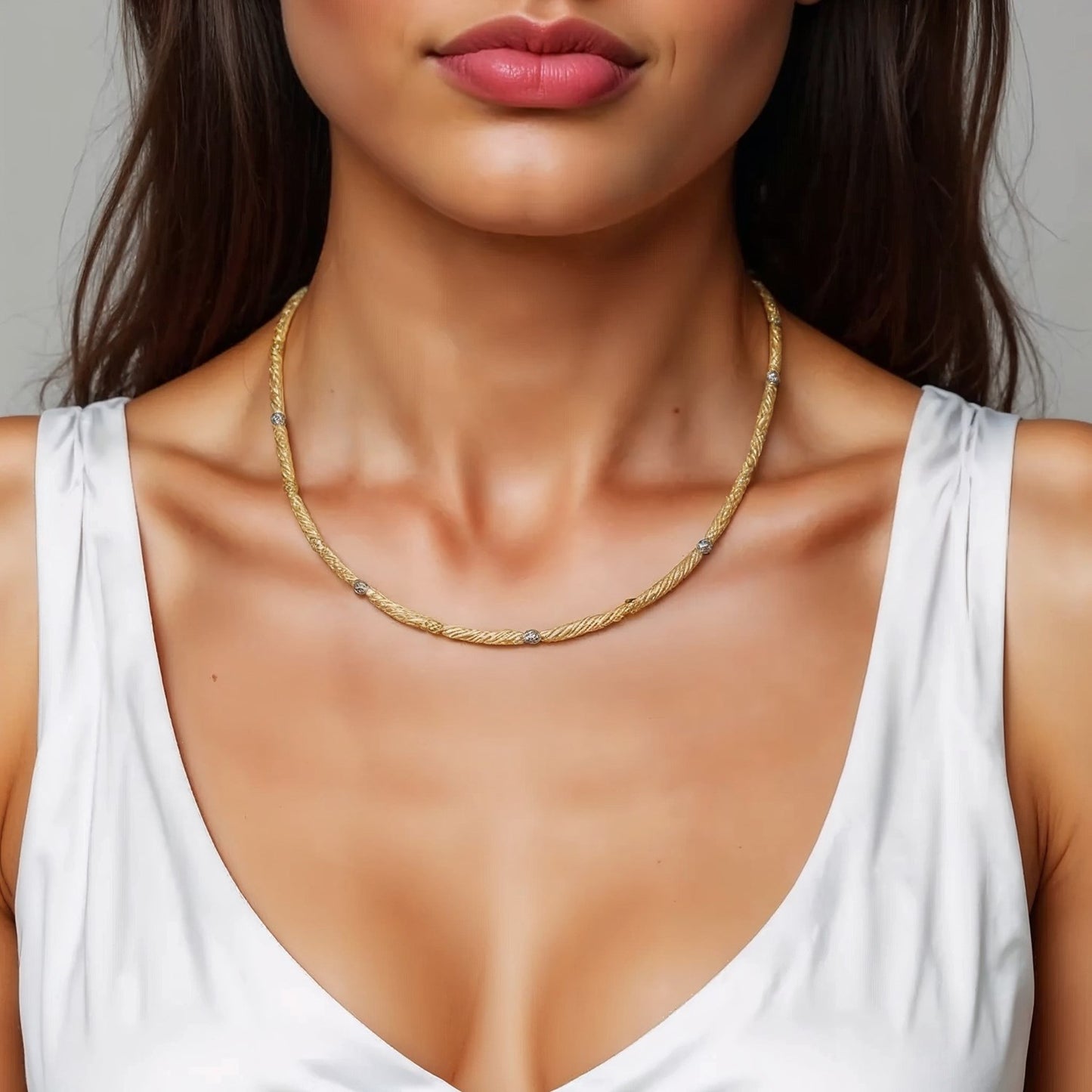 Two Tone Bar and Bead Necklace in 14K Gold