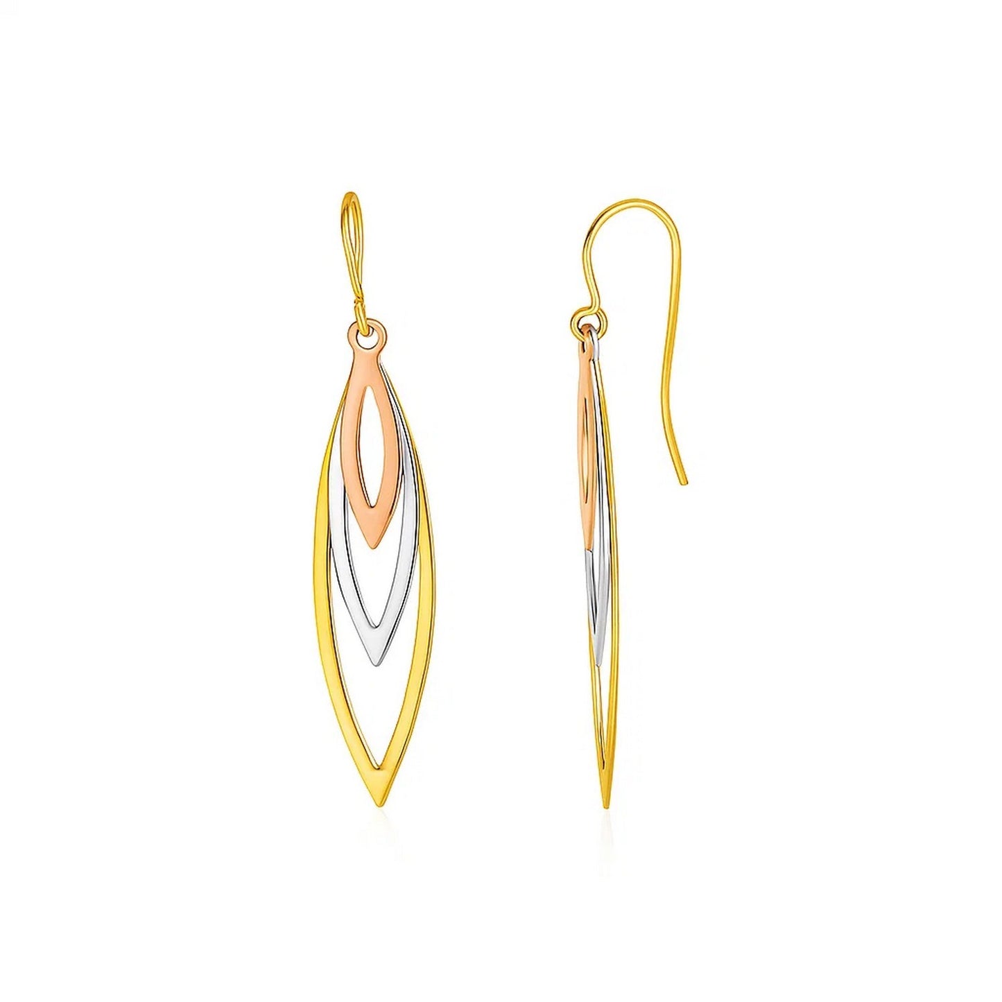 Tri-Tone Graduated Open Marquise Earrings in 10k Yellow, White, and Rose Gold