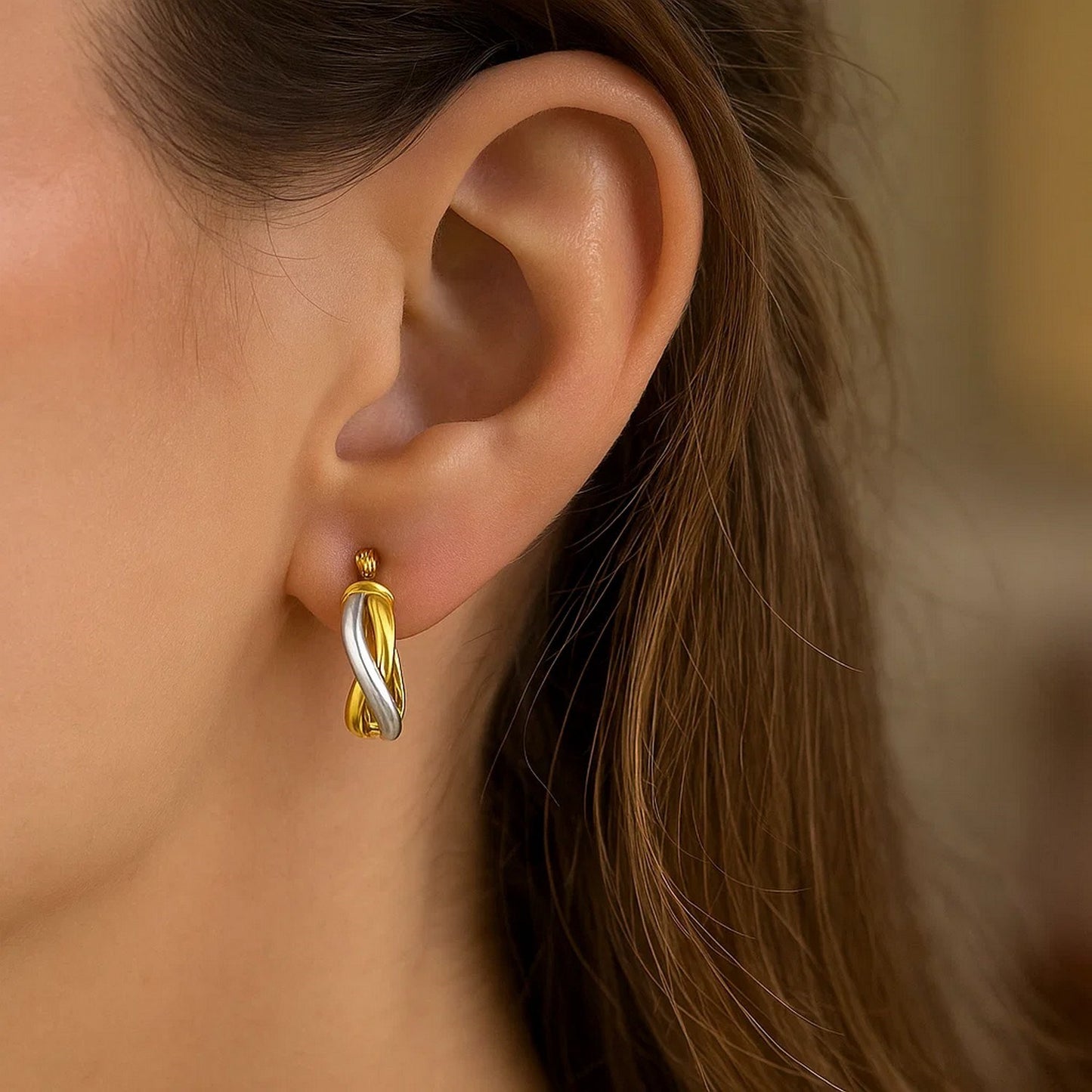 14k Two Tone Gold Oval Twisted Hoop Earrings