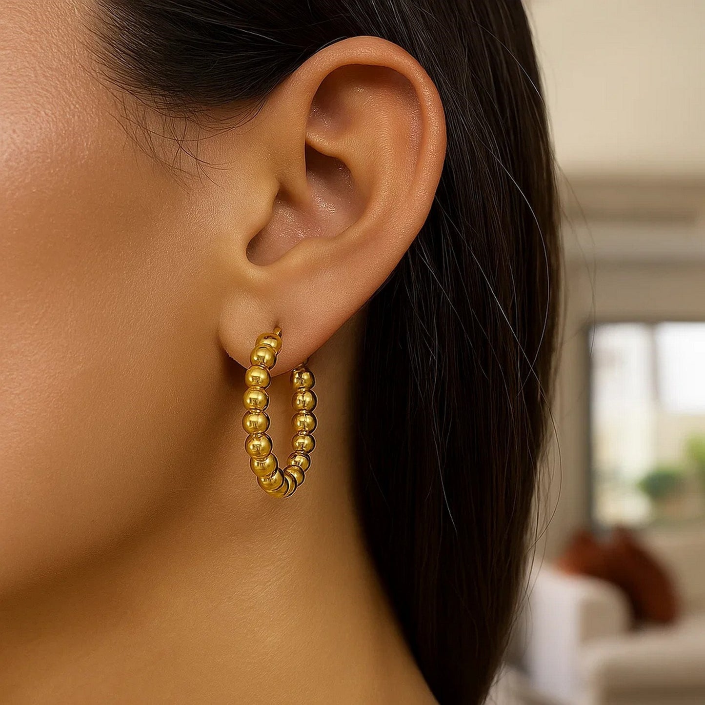 14K Yellow Gold Polished Medium Bead Hoop Earrings