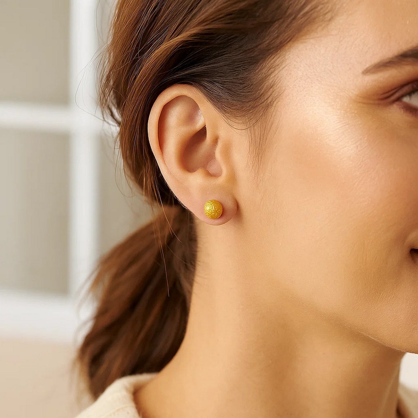 14k Yellow Gold Ball Earrings with Crystal Cut Texture(7mm)