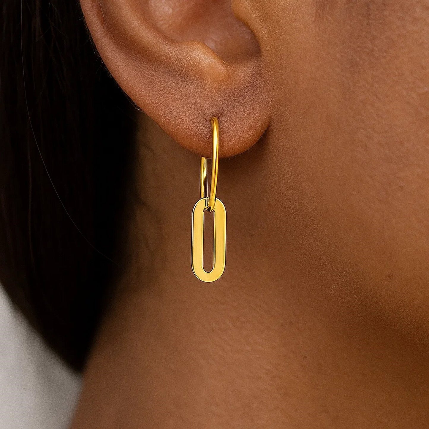 14k Yellow Gold Huggie Style Hoop Earrings with Paperclip Link Drops
