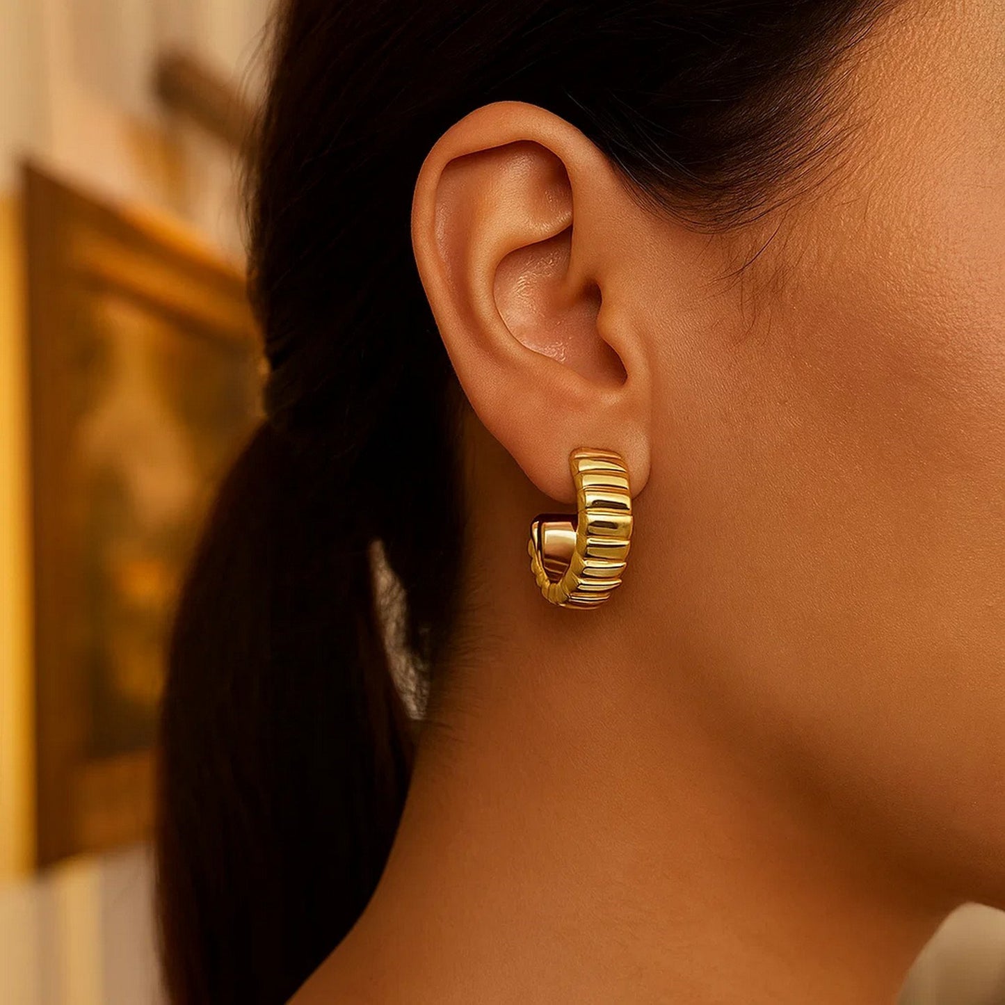 14K Yellow Gold Ribbed C Hoop Earrings