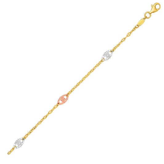 14k Three-Toned Yellow, White, and Rose Gold Anklet with Textured Ovals