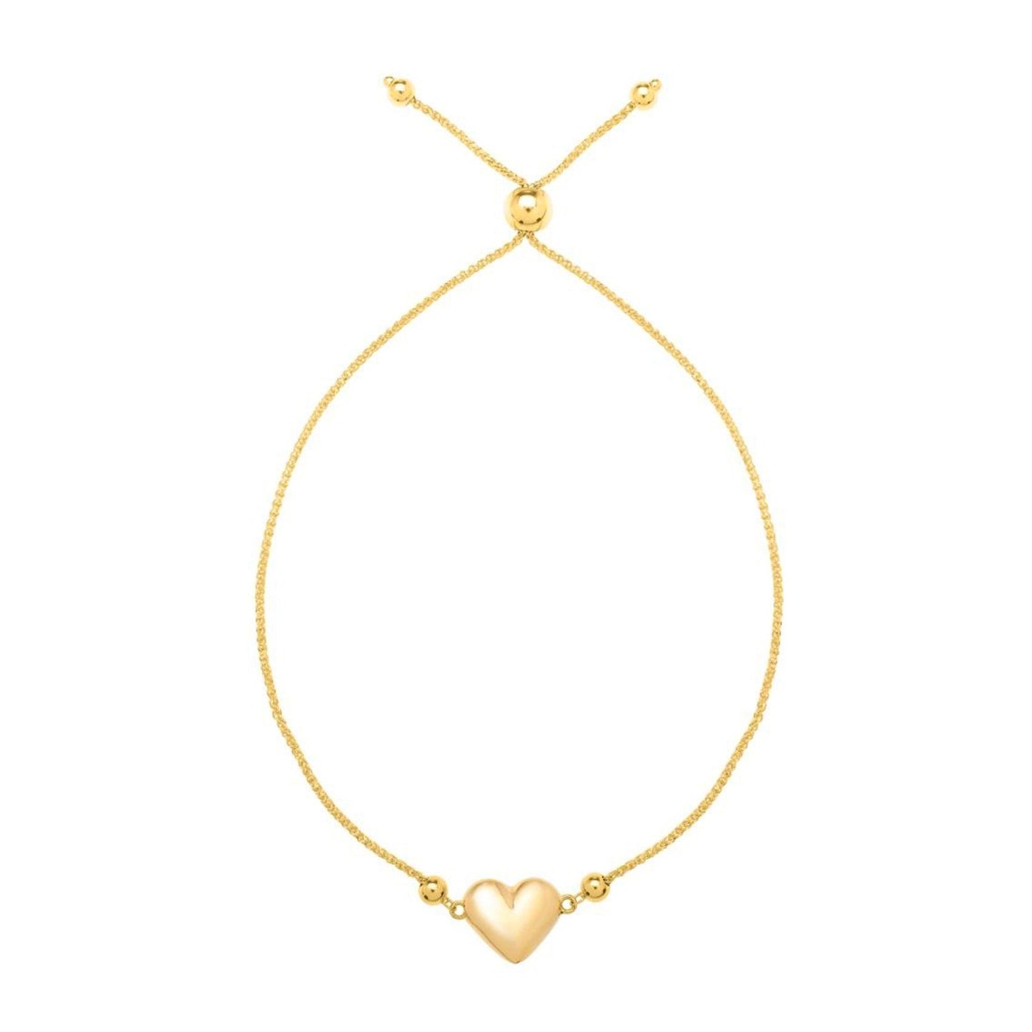 Adjustable Puffed Heart Draw String Bracelet in 14K Yellow Gold