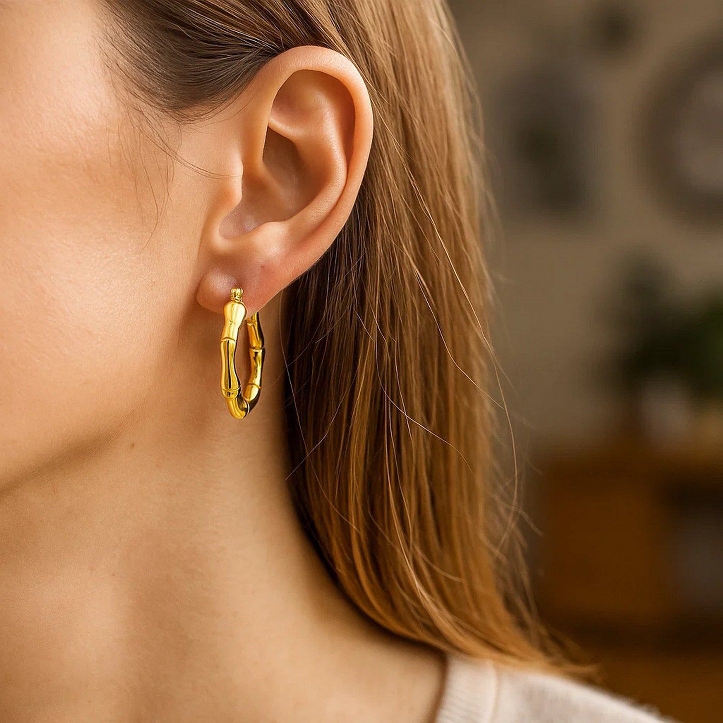 14k Yellow Gold Medium Bamboo Hoop Earrings