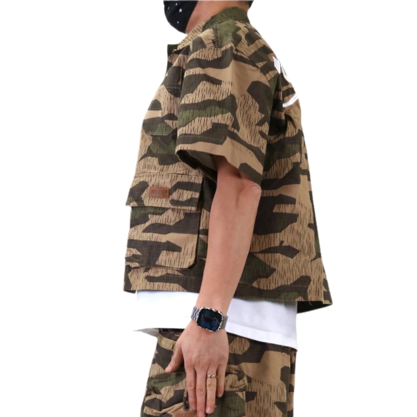 Fine Ripstop Twill Boxy Cut Crop Top Short sleeve Button down Shirt
