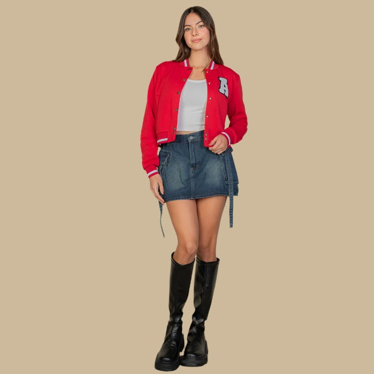 EZwear Letter Patched Crop Varsity Jacket