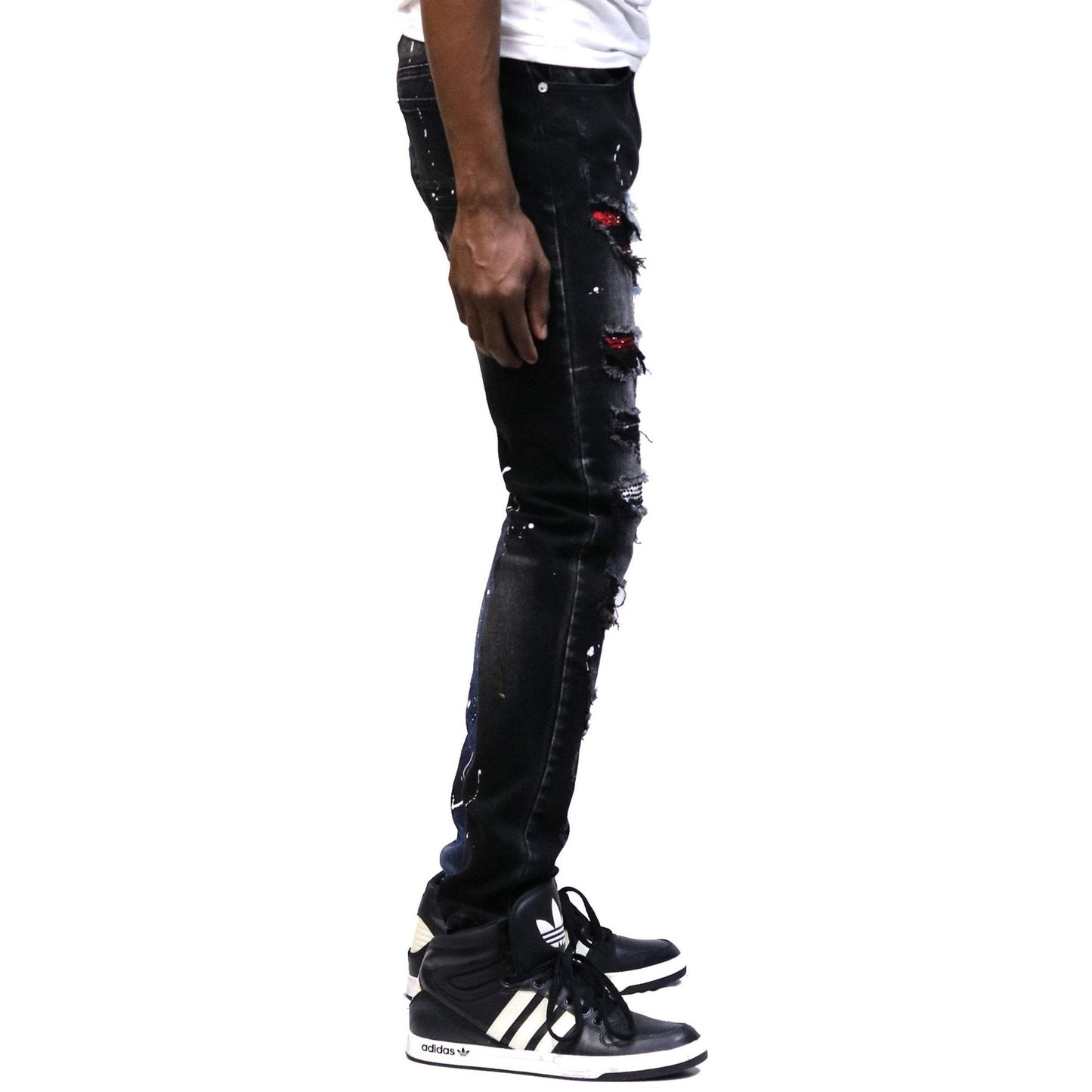 Men's heavy washed half and half two tone washing stretchable skinny denim pants with rhinestone details.