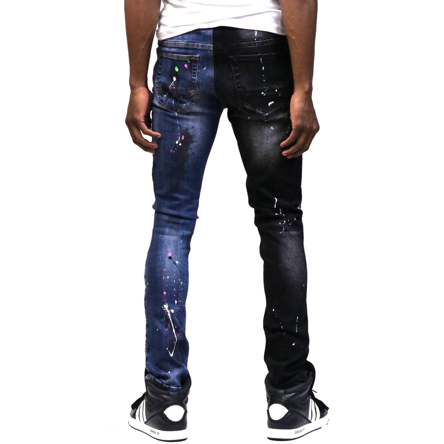 Men's heavy washed half and half two tone washing stretchable skinny denim pants with rhinestone details.