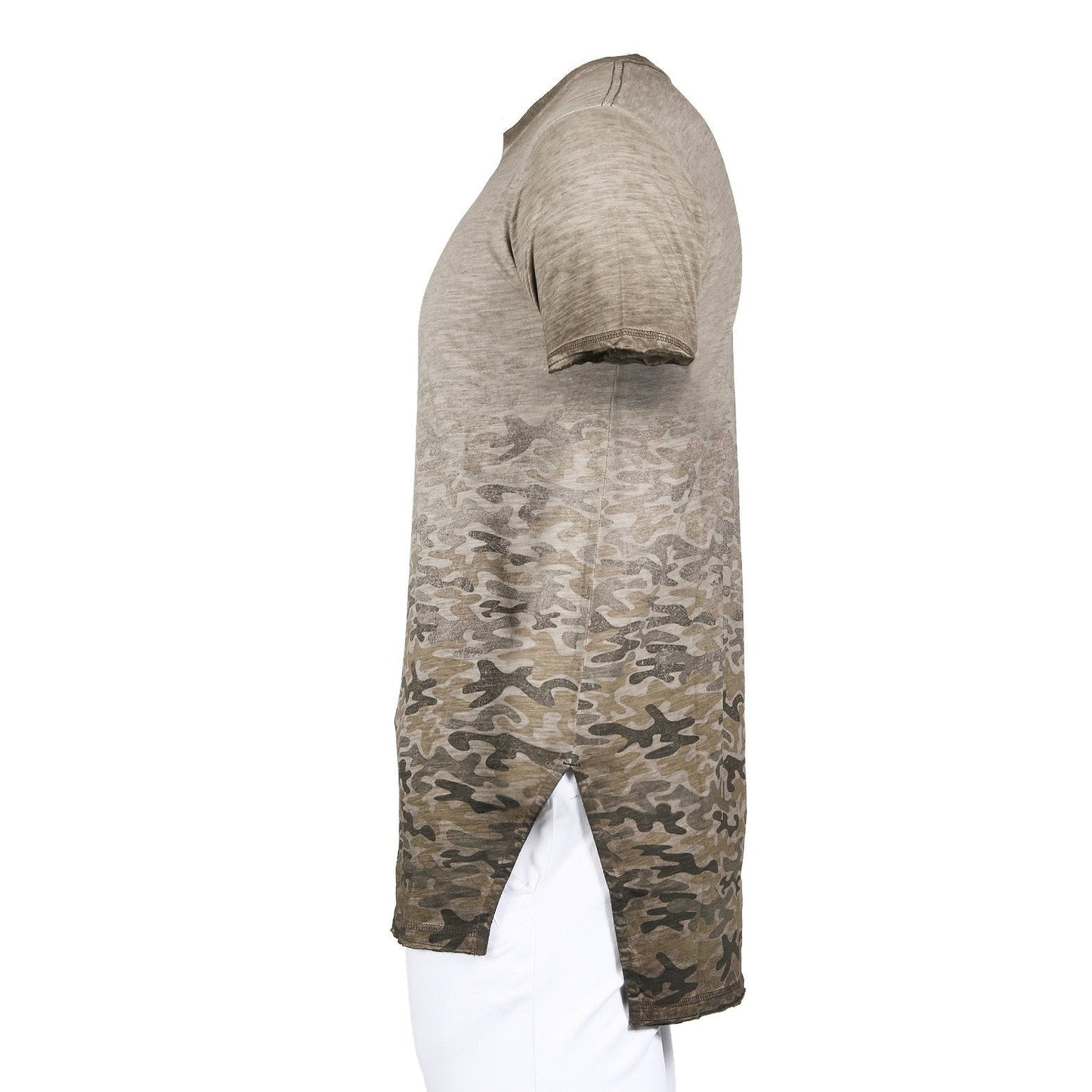 Men's Short Sleeve Camouflage Longline Side Slit Oil Wash T-shirts BROWN