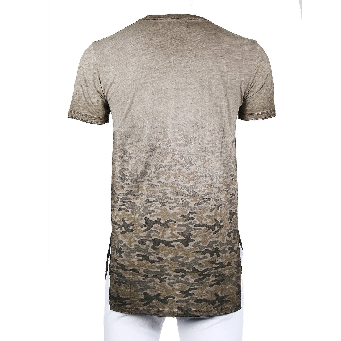 Men's Short Sleeve Camouflage Longline Side Slit Oil Wash T-shirts BROWN