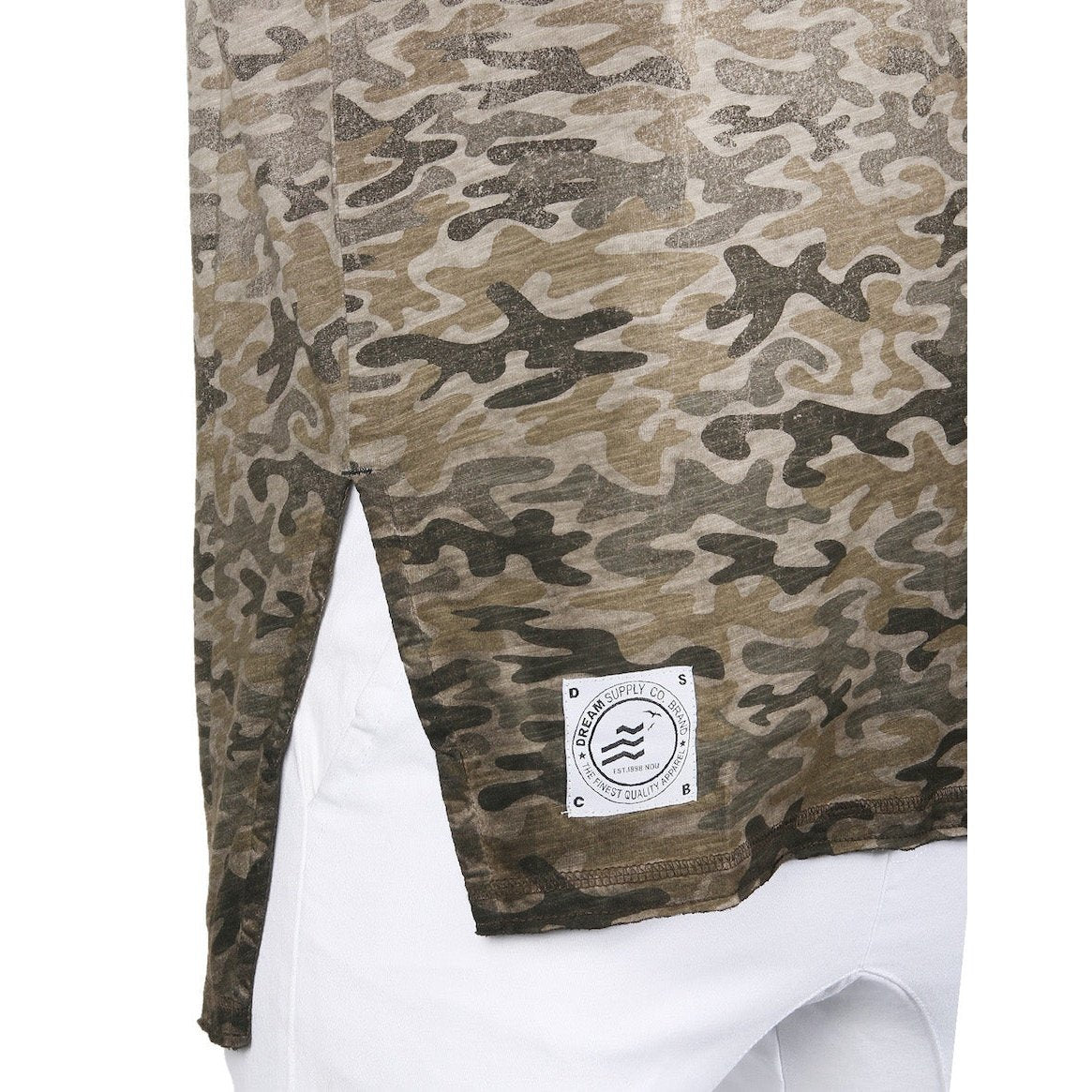 Men's Short Sleeve Camouflage Longline Side Slit Oil Wash T-shirts BROWN