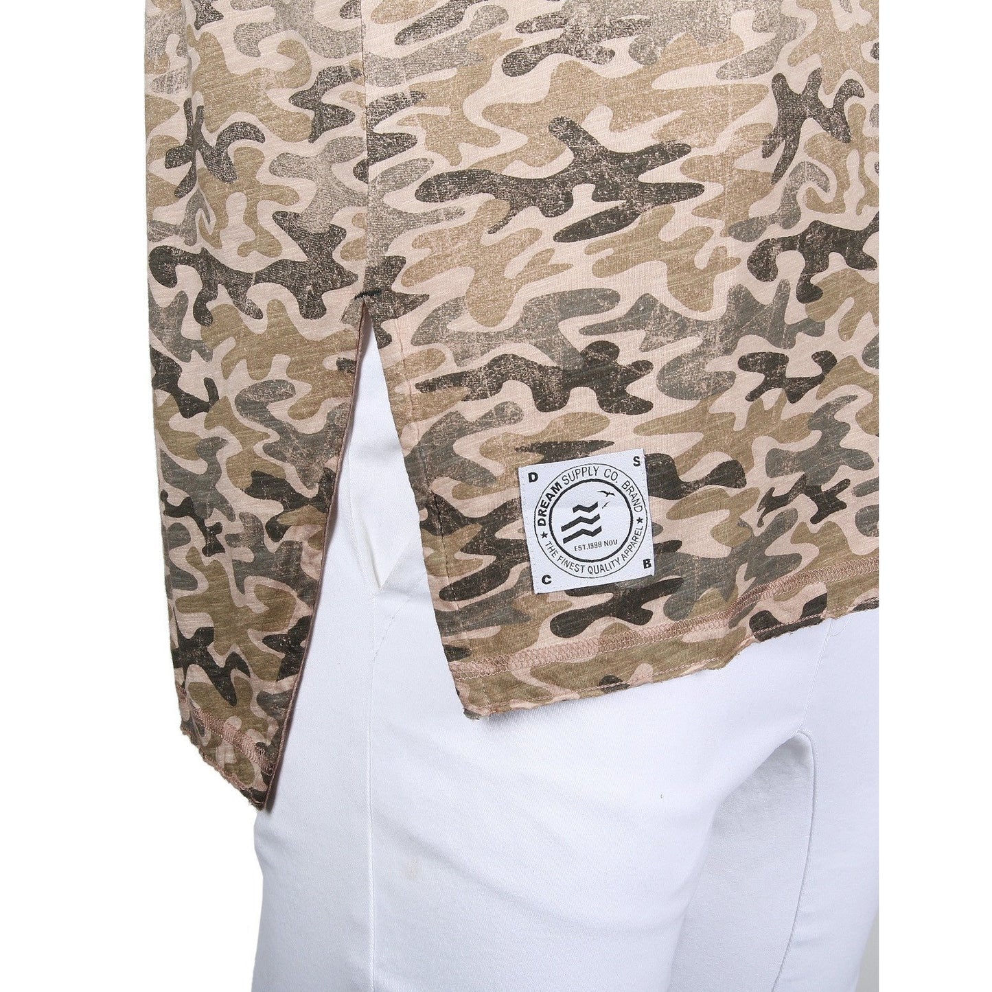 Men's Short Sleeve Camouflage Longline Side Slit Oil Wash T-shirts BROWN