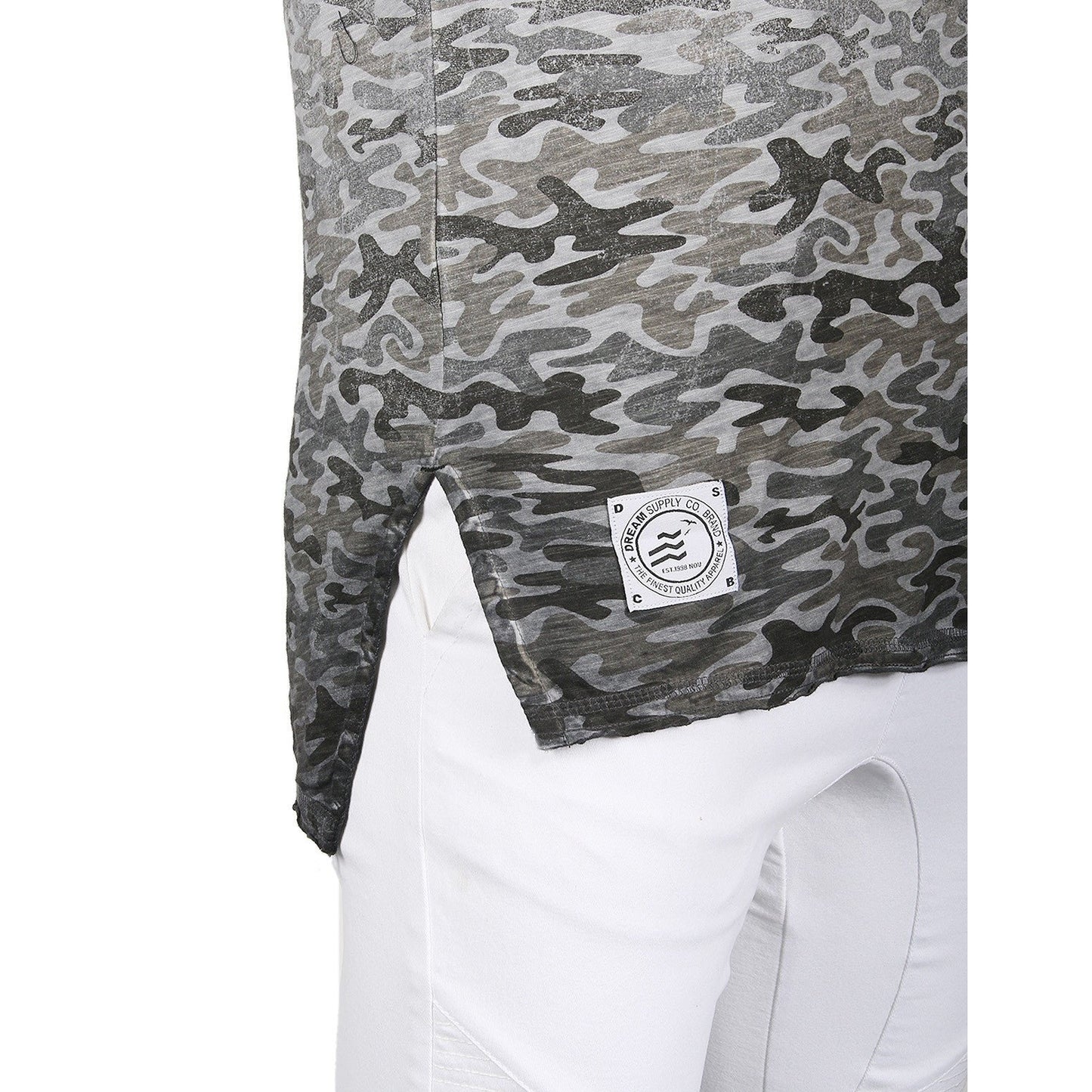 Men's Short Sleeve Camouflage Longline Side Slit Oil Wash T-shirts BROWN