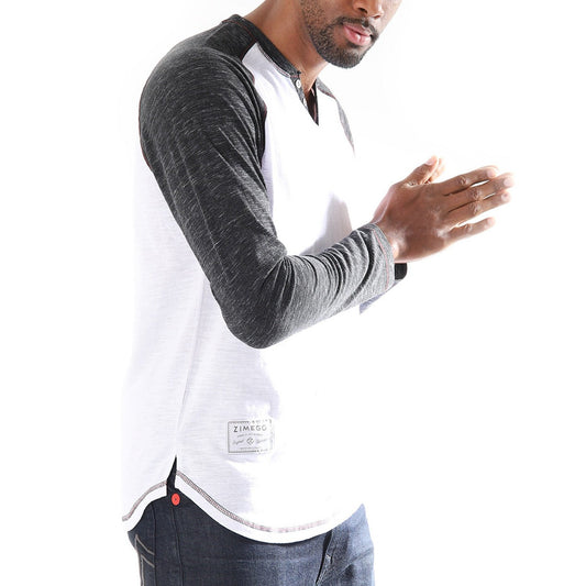 Long Sleeve Contrast Raglan Henley V-Neck T-Shirts