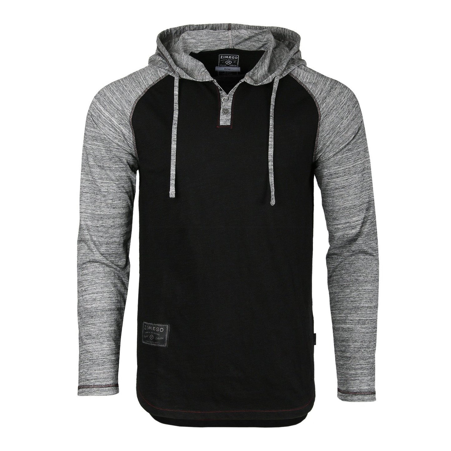 Long Sleeve Raglan Henley Round Bottom Hood T-Shirts - BLACK / BLACK