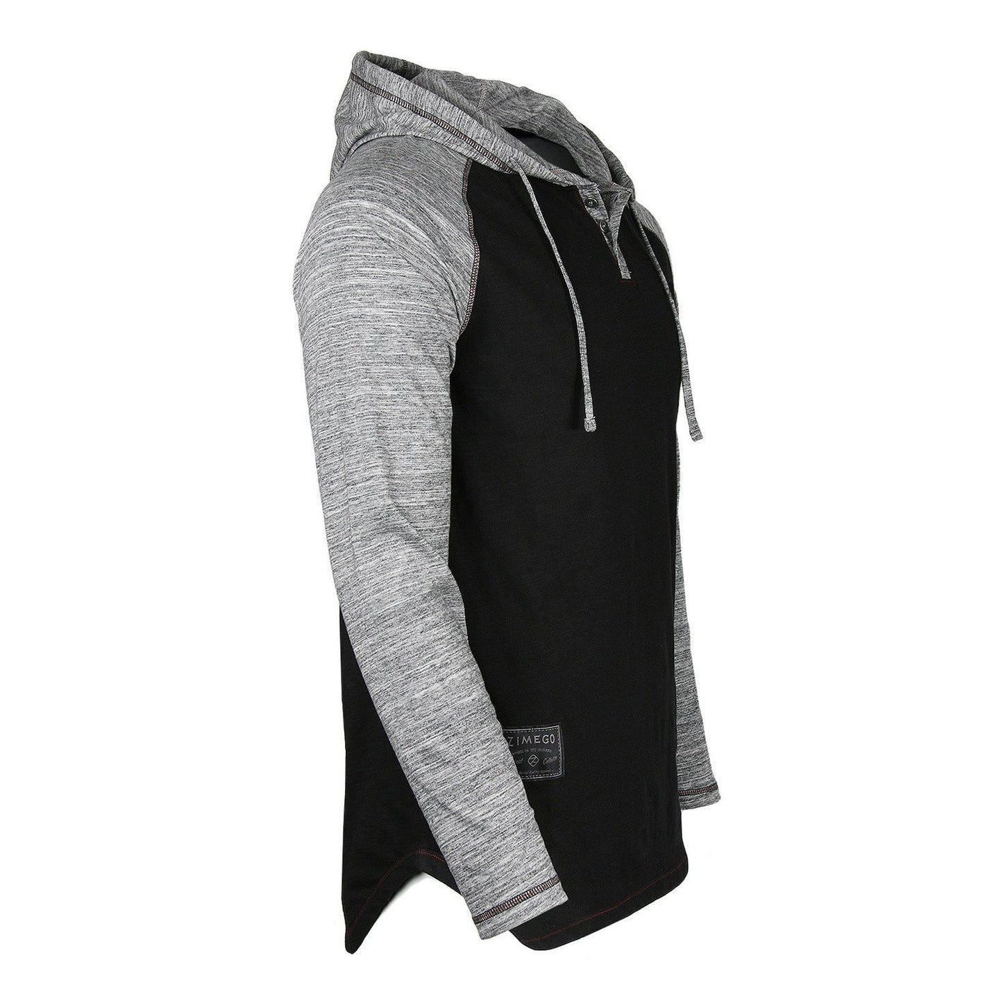 Long Sleeve Raglan Henley Round Bottom Hood T-Shirts - BLACK / BLACK